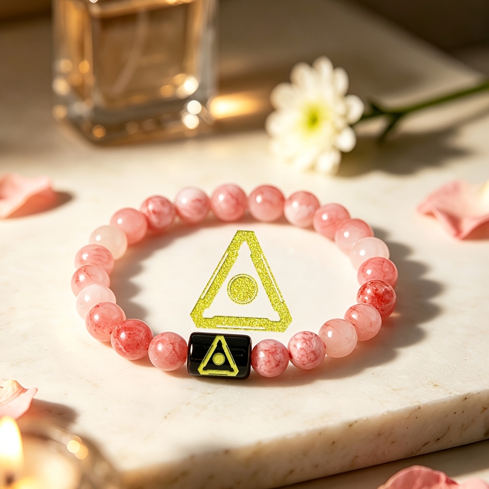 Women's Natural Pink Agate Stone Beaded Bracelet with Golden Accents